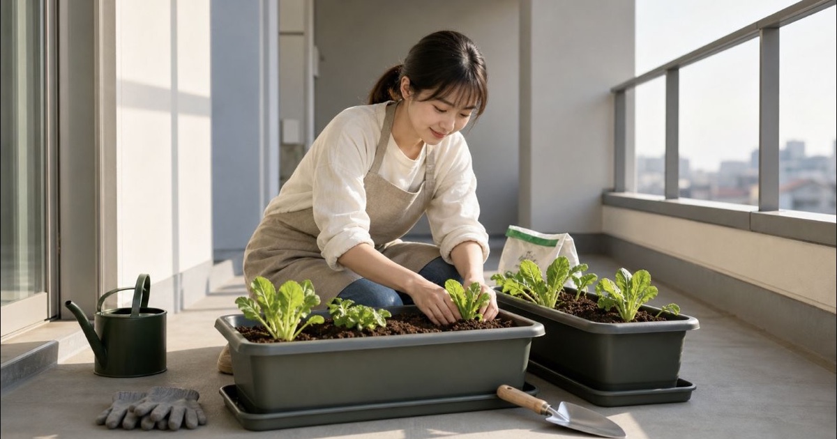 ベランダのプランターへ野菜苗を植える初心者