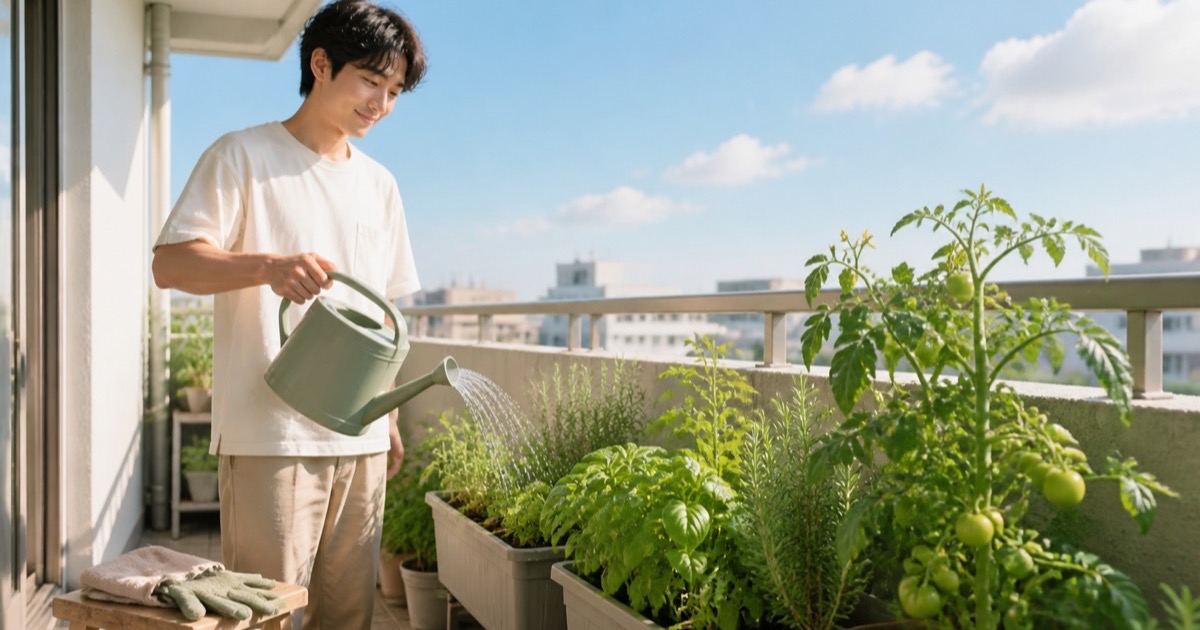 夏のベランダ菜園で水やりをする人